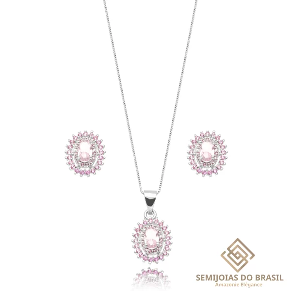 Conjunto Semijoia Oval Cravejado Rosa Quartzo