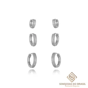Trio De Brincos Argola Feminina Cravejadas Grossa