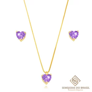 Conjunto Semijoia Coração Ametista