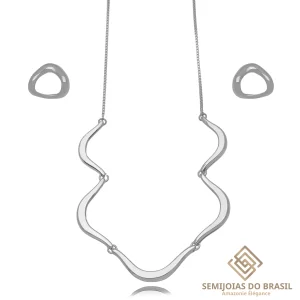 Conjunto Choker Curvas Banhado Ródio Branco
